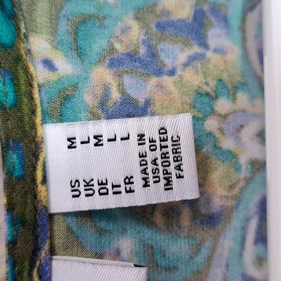 Susan Graver Olive Green/Teal Paisley 3/4 Sleeve Tunin Top. Size Medium - Picture 6 of 9
